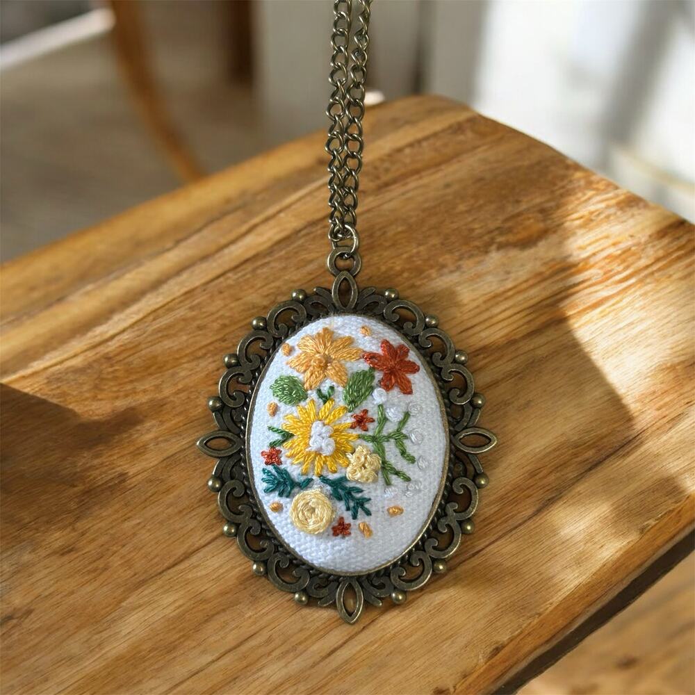 Handmade Botalnical Embroidery Pendant Necklace